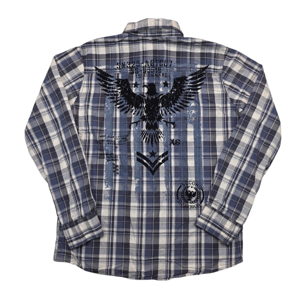 Eighty Eight Platinum Mens Large Blue Plaid Eagle Graphic Button Down Shirt